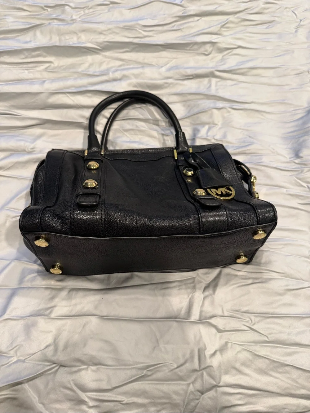 Michael Kors Black Leather Satchel with Gold Hardware and MK Charm